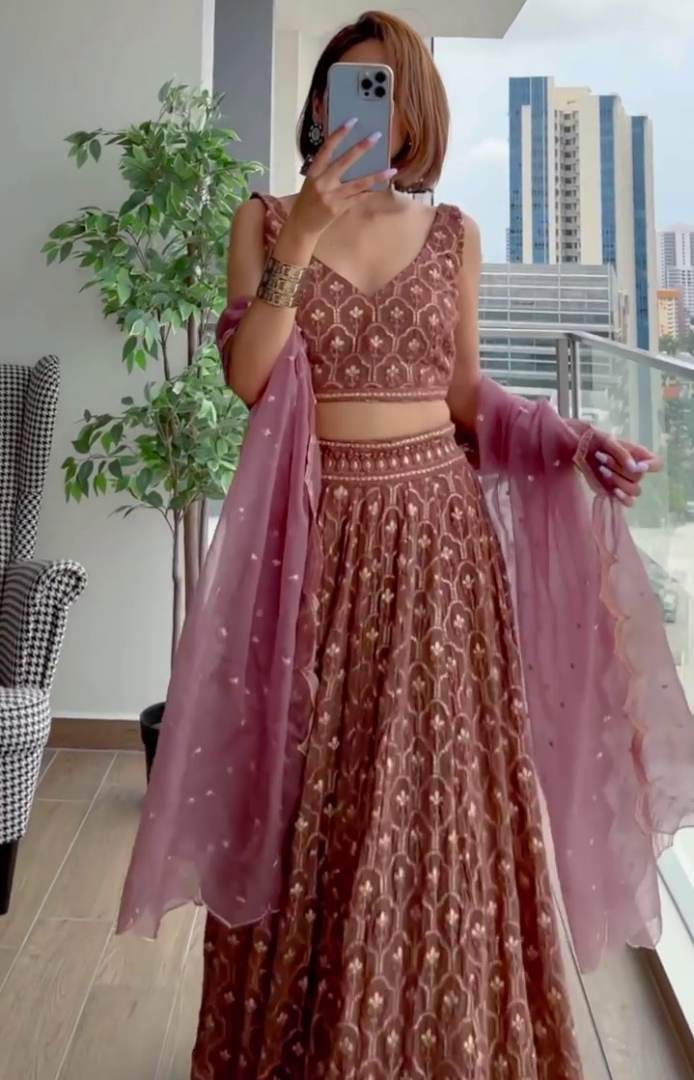 Dusty rose georgette heavy embroidered wedding lehenga choli