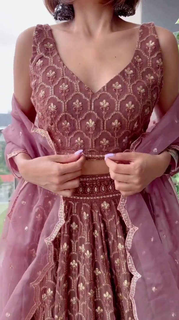 Dusty rose georgette heavy embroidered wedding lehenga choli