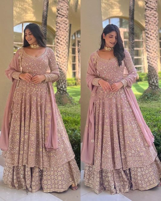 Dusty rose georgette heavy sequence embroidery work lehenga suit