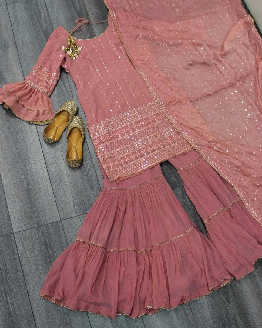 Dusty rose georgette heavy sequence thread embroidered wedding sharara suit