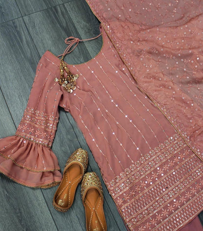 Dusty rose georgette heavy sequence thread embroidered wedding sharara suit