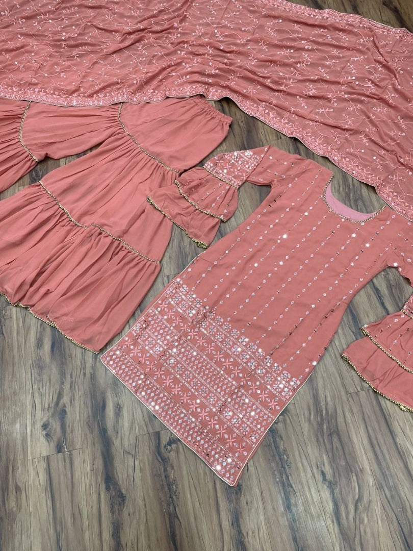 Dusty rose georgette heavy sequence thread embroidered wedding sharara suit