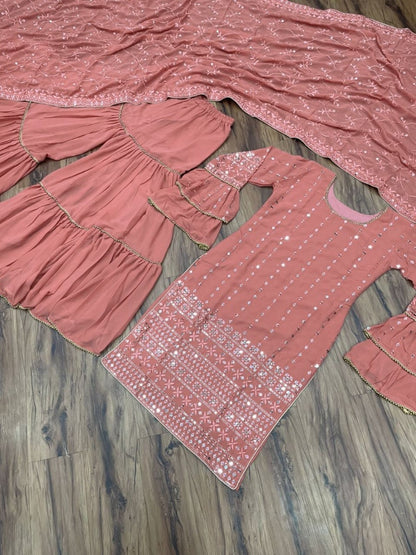 Dusty rose georgette heavy sequence thread embroidered wedding sharara suit