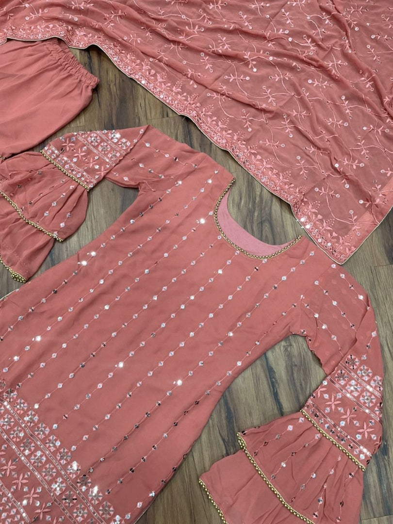 Dusty rose georgette heavy sequence thread embroidered wedding sharara suit