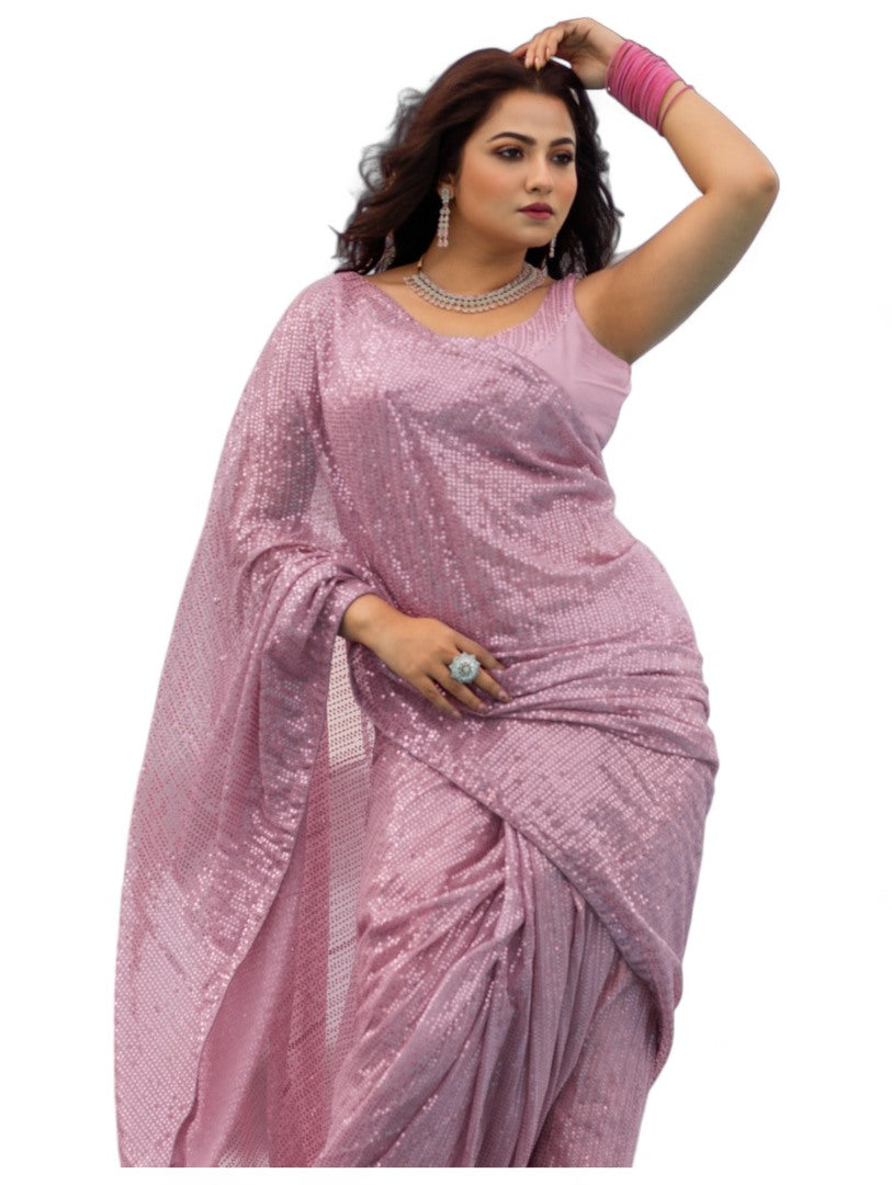 Dusty rose georgette heavy shiny sequins work party wear saree