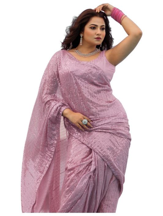 Dusty rose georgette heavy shiny sequins work party wear saree