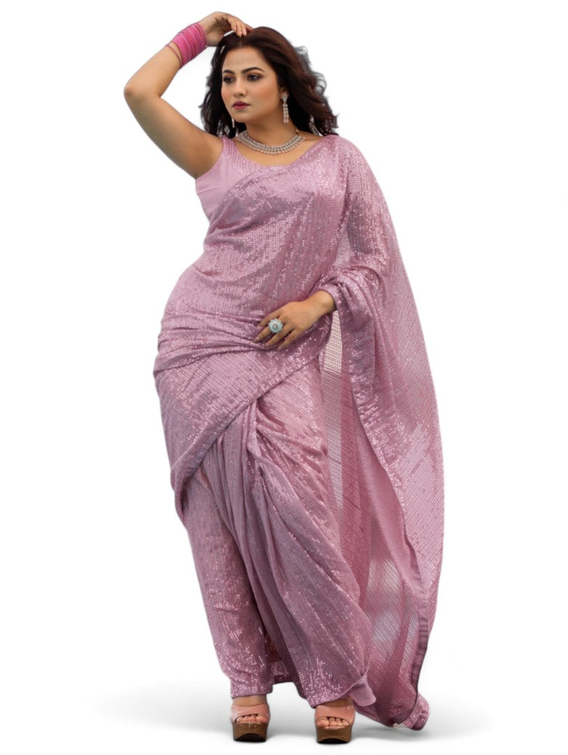 Dusty rose georgette heavy shiny sequins work party wear saree