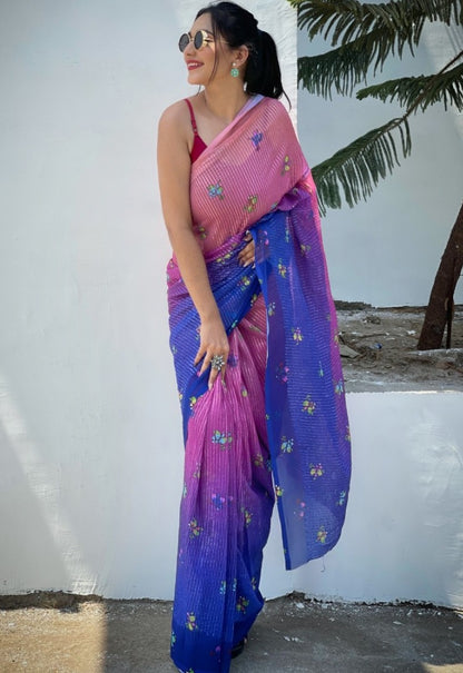 Dusty rose georgette sequence digital printed work party wear saree