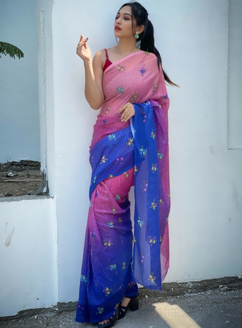 Dusty rose georgette sequence digital printed work party wear saree