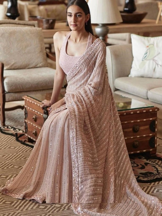 Dusty rose georgette sequence embroidered work designer saree