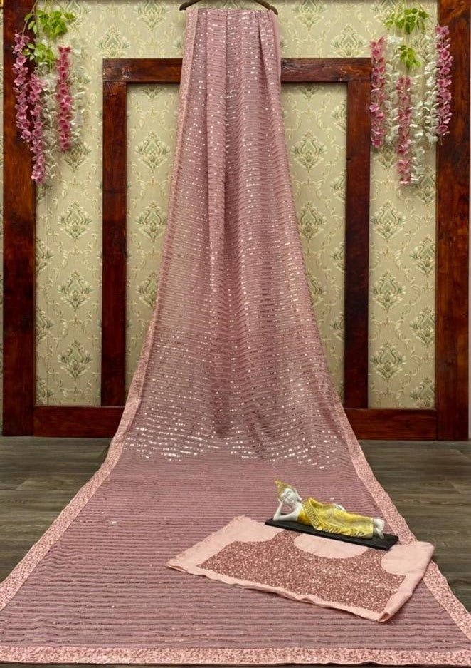 Dusty rose georgette sequence embroidered work designer saree