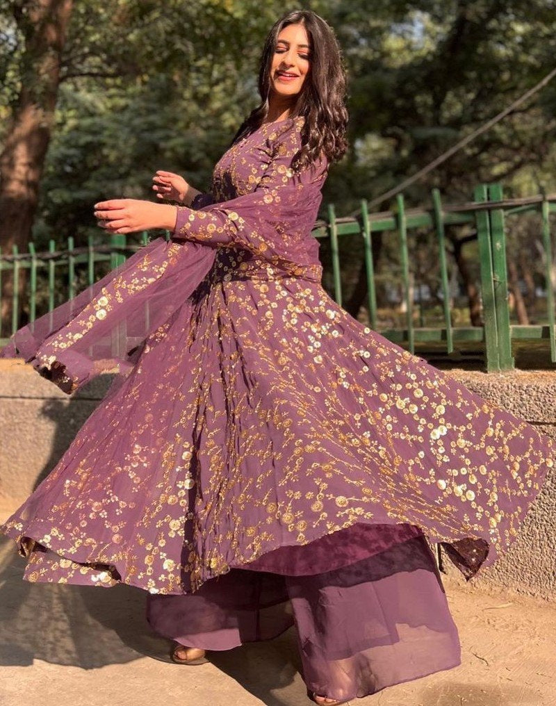 Dusty rose georgette sequence work long sharara suit