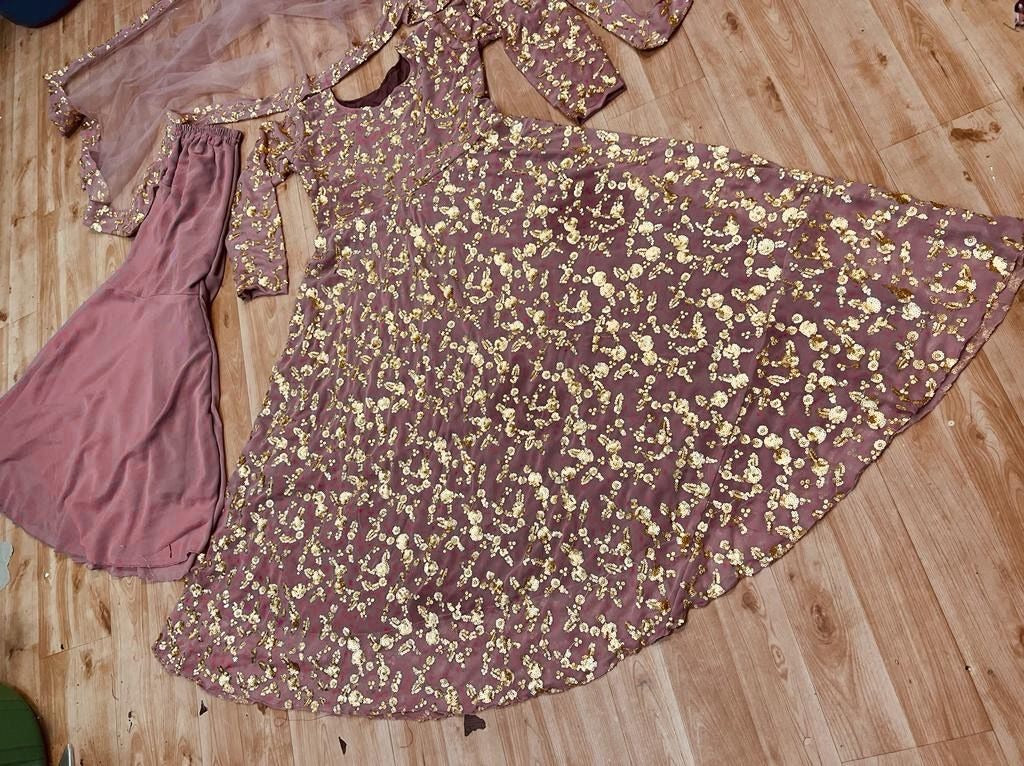 Dusty rose georgette sequence work long sharara suit