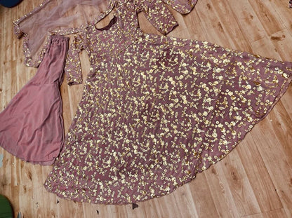 Dusty rose georgette sequence work long sharara suit