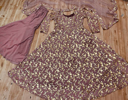 Dusty rose georgette sequence work long sharara suit