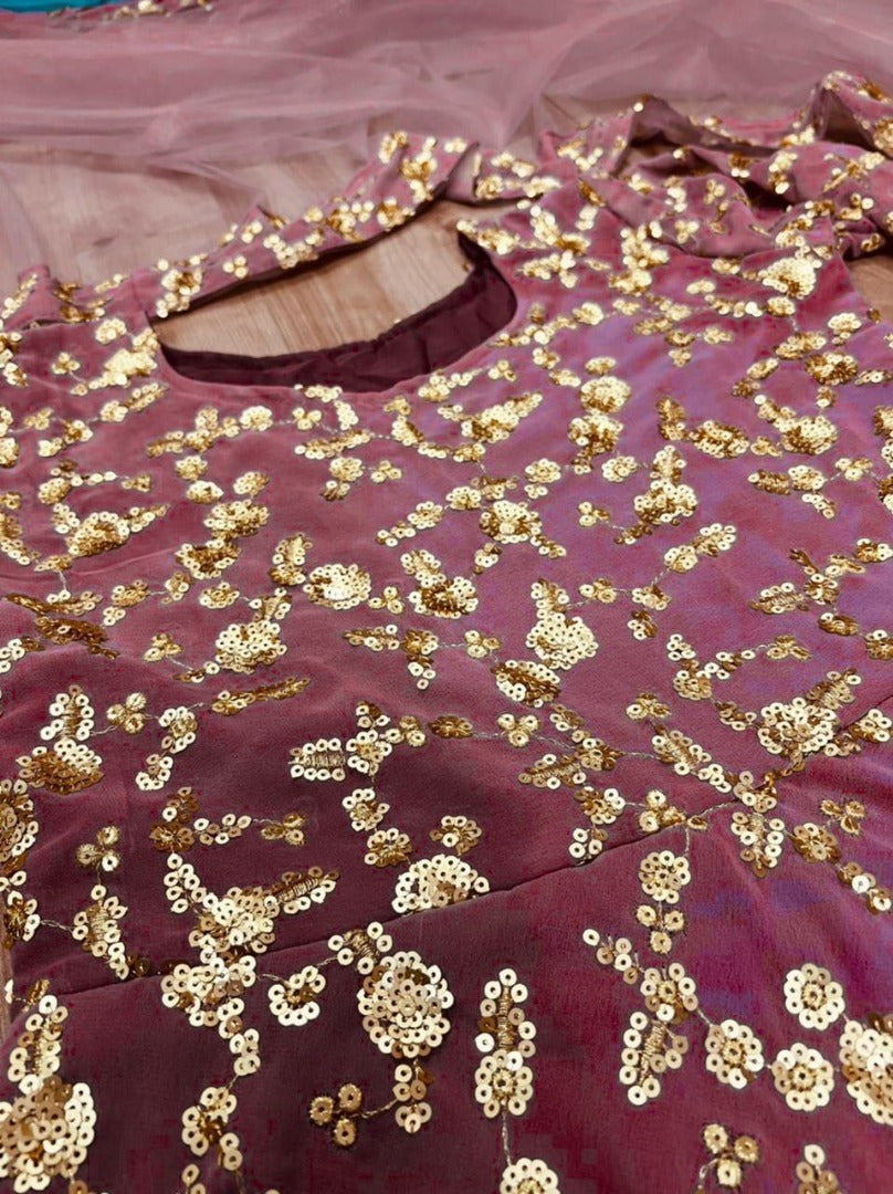 Dusty rose georgette sequence work long sharara suit