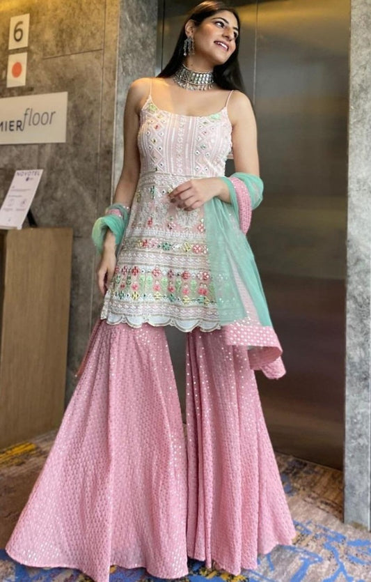 Dusty rose georgette thread with sequence work sharara suit