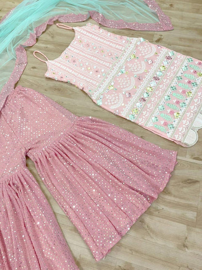Dusty rose georgette thread with sequence work sharara suit