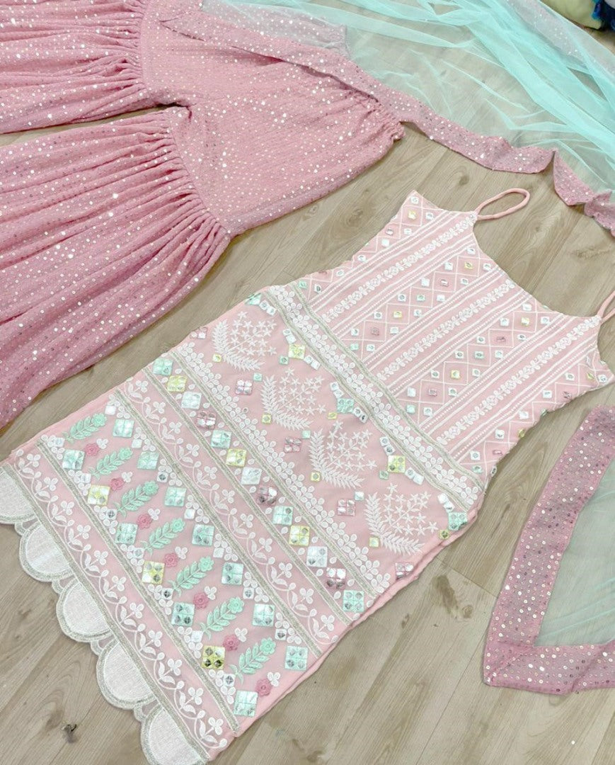 Dusty rose georgette thread with sequence work sharara suit