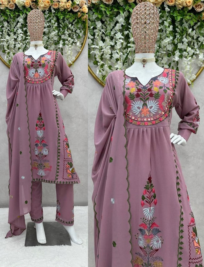 Dusty rose georgettte multi thread embroidery work designer palazzo suit