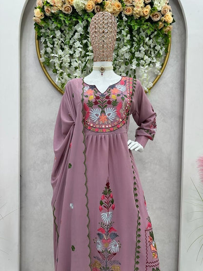 Dusty rose georgettte multi thread embroidery work designer palazzo suit