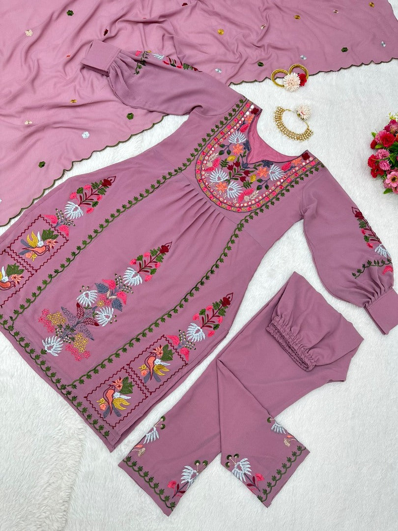 Dusty rose georgettte multi thread embroidery work designer palazzo suit