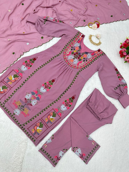 Dusty rose georgettte multi thread embroidery work designer palazzo suit