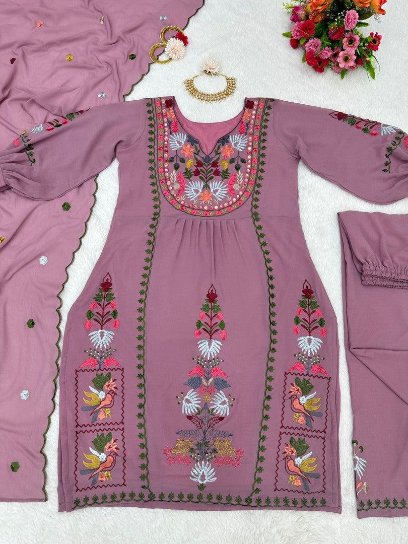 Dusty rose georgettte multi thread embroidery work designer palazzo suit