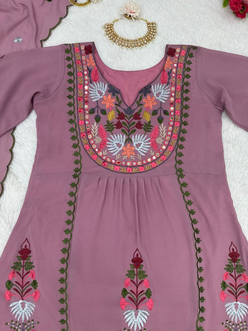 Dusty rose georgettte multi thread embroidery work designer palazzo suit