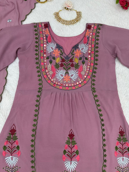 Dusty rose georgettte multi thread embroidery work designer palazzo suit