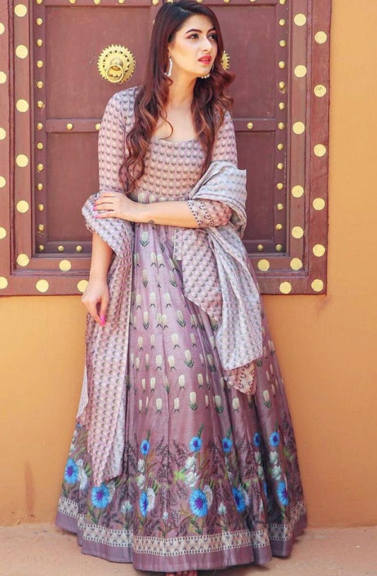 Dusty rose heavy butter silk digital printed work party wear anarkali gown