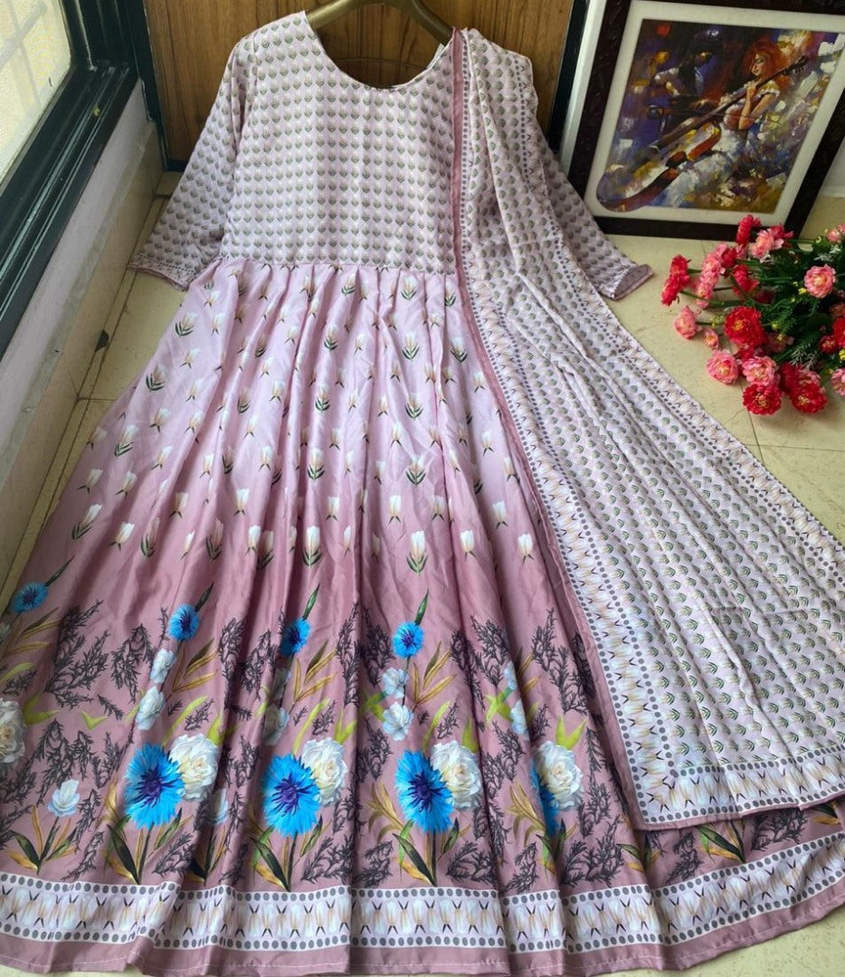 Dusty rose heavy butter silk digital printed work party wear anarkali gown