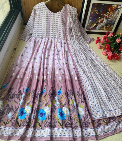 Dusty rose heavy butter silk digital printed work party wear anarkali gown