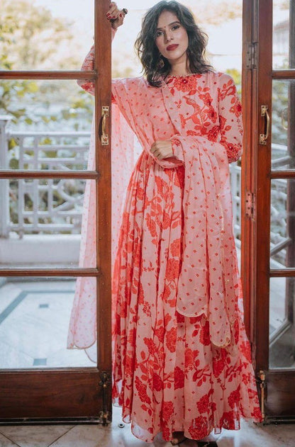 Dusty rose heavy georgette digital flower printed work gown