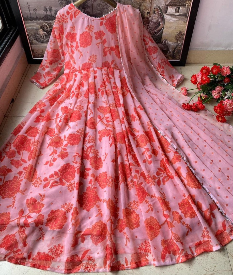 Dusty rose heavy georgette digital flower printed work gown