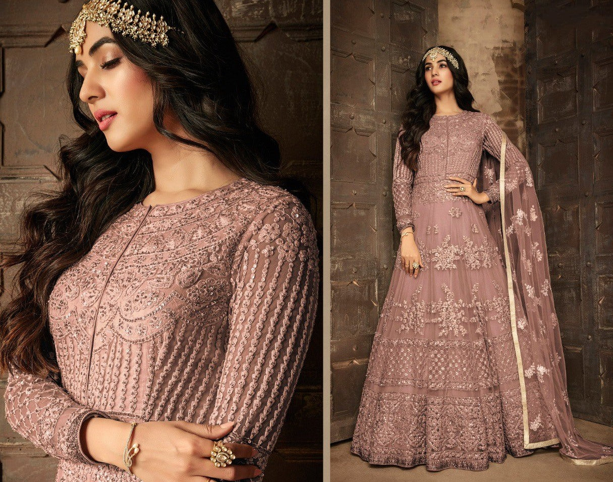 Dusty rose heavy net and embroidered wedding long gown