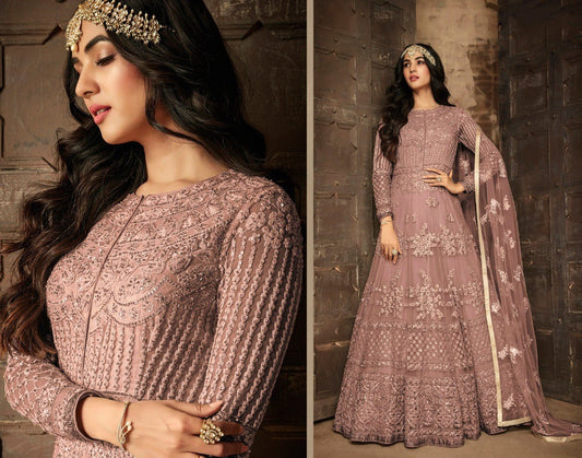 Dusty rose heavy net and embroidered wedding long gown