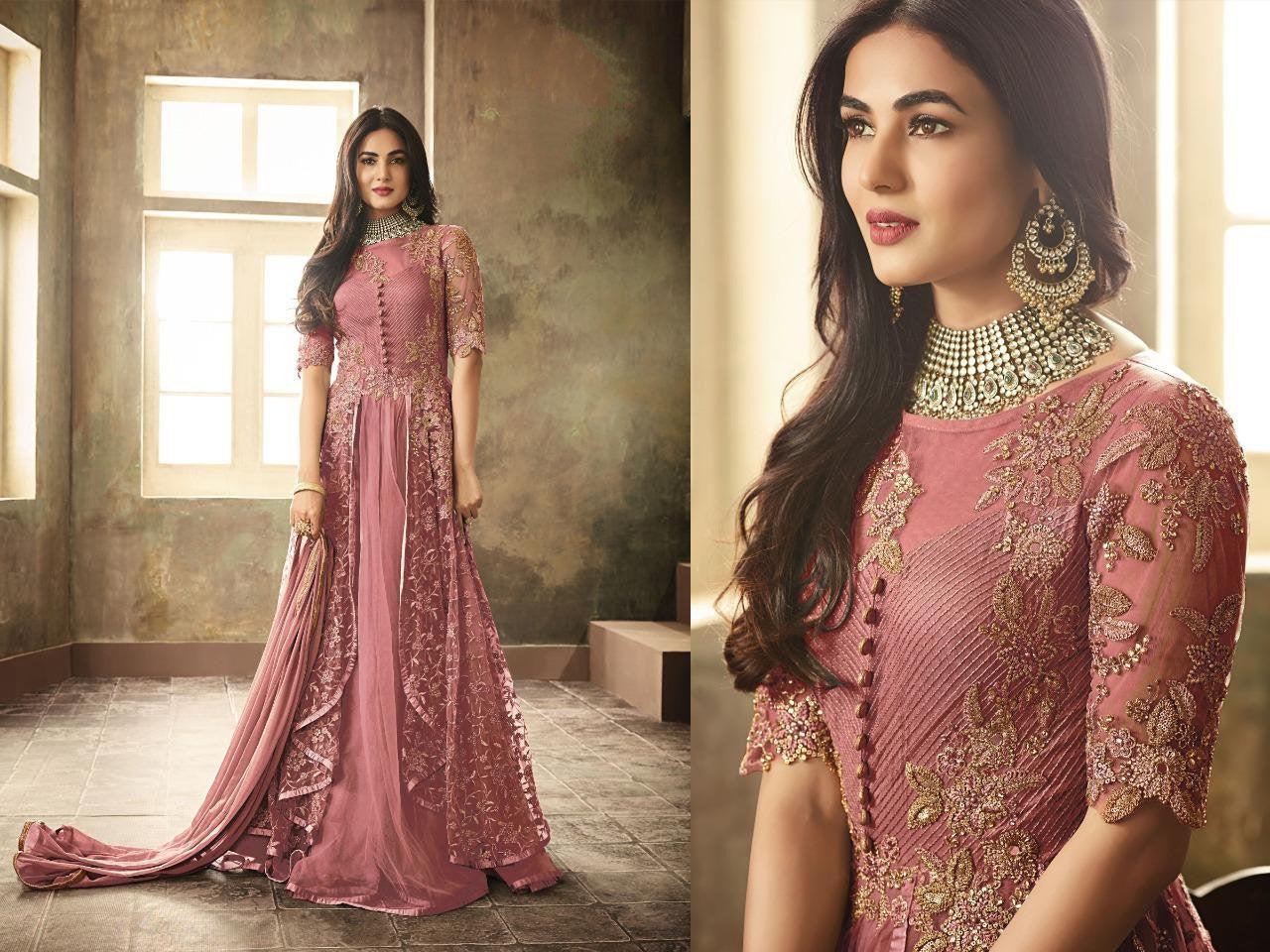 Dusty rose heavy net embroidery and stone worked designer gown with dupatta