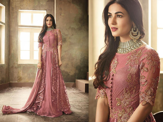 Dusty rose heavy net embroidery and stone worked designer gown with dupatta