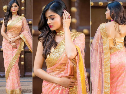 Dusty rose heavy nylon thread zari sequence work saree