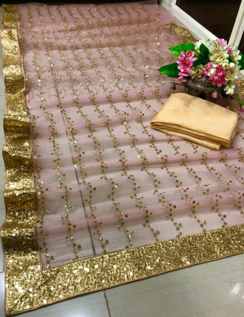 Dusty rose heavy nylon thread zari sequence work saree