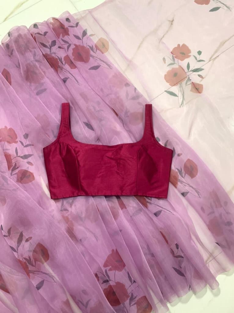 Dusty rose heavy organza digital flower printed work saree