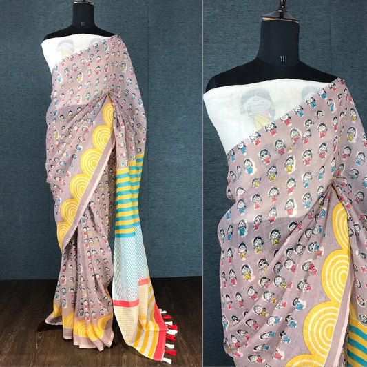 Dusty rose linen digital print cotton tussles work saree