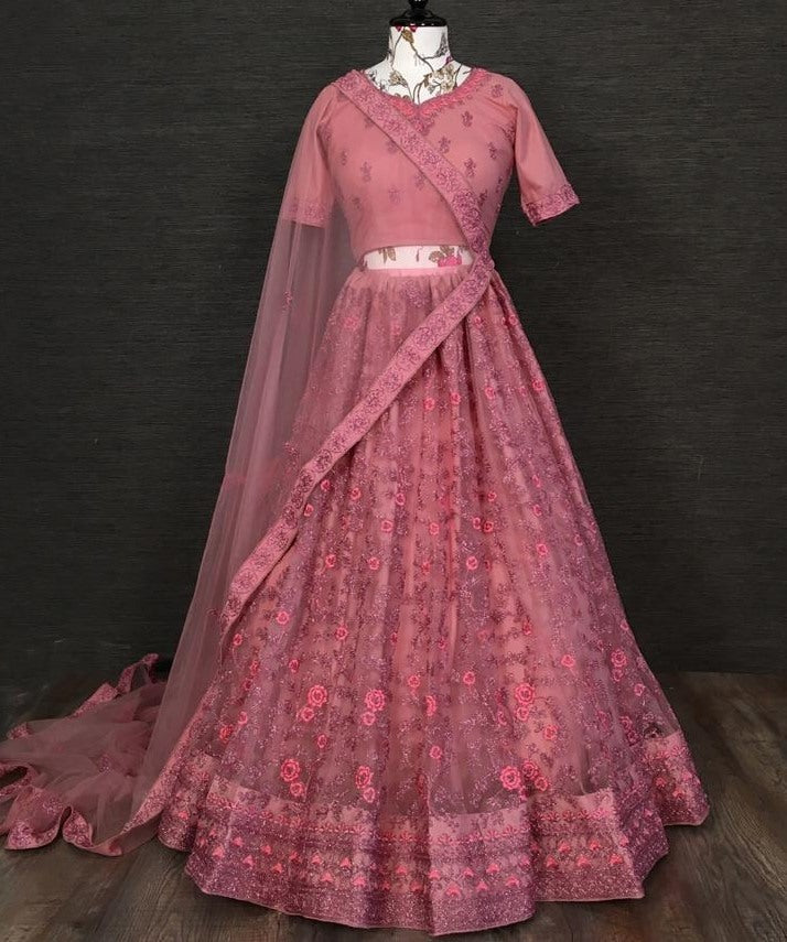 Dusty rose net glitter zari embroidered border work lehenga choli