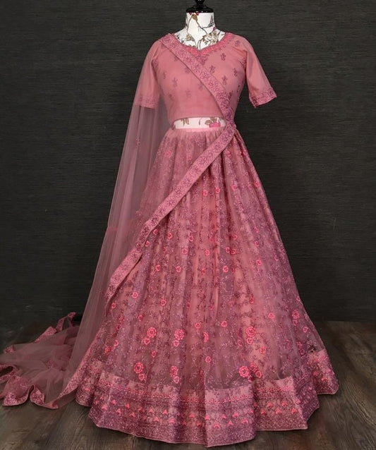 Dusty rose net glitter zari embroidered border work lehenga choli