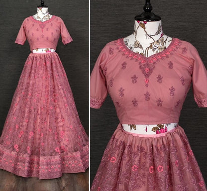 Dusty rose net glitter zari embroidered border work lehenga choli