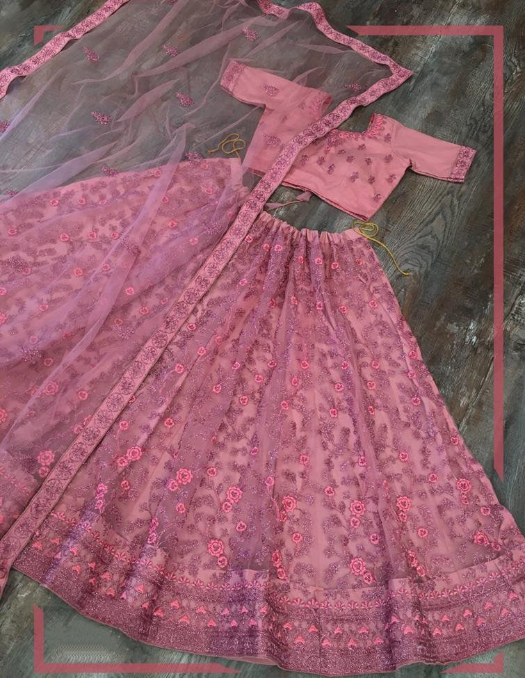Dusty rose net glitter zari embroidered border work lehenga choli