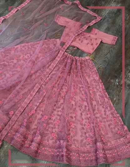 Dusty rose net glitter zari embroidered border work lehenga choli
