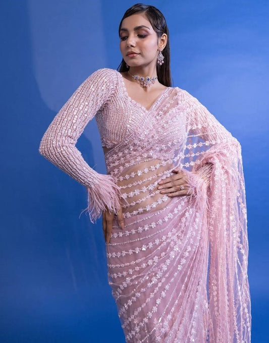 Dusty rose net heavy sequence thread work designer wedding saree