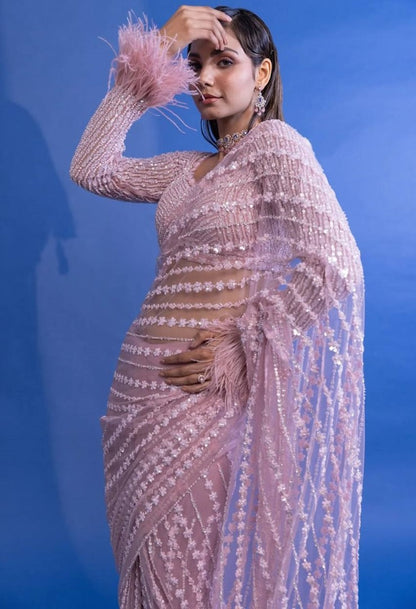 Dusty rose net heavy sequence thread work designer wedding saree